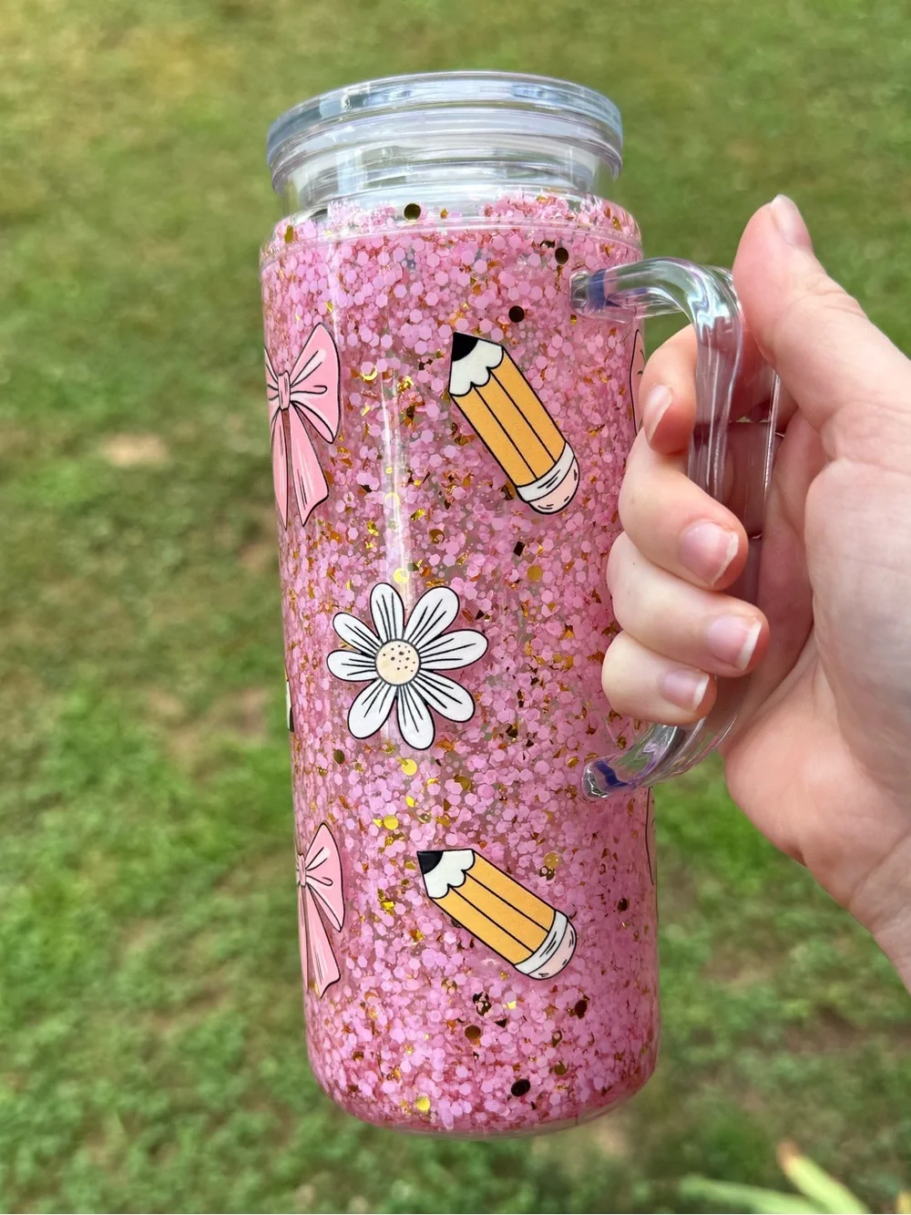 20 oz Pink Coquette Teacher Snow Globe Tumbler Glitter Cup with Handle & Straw